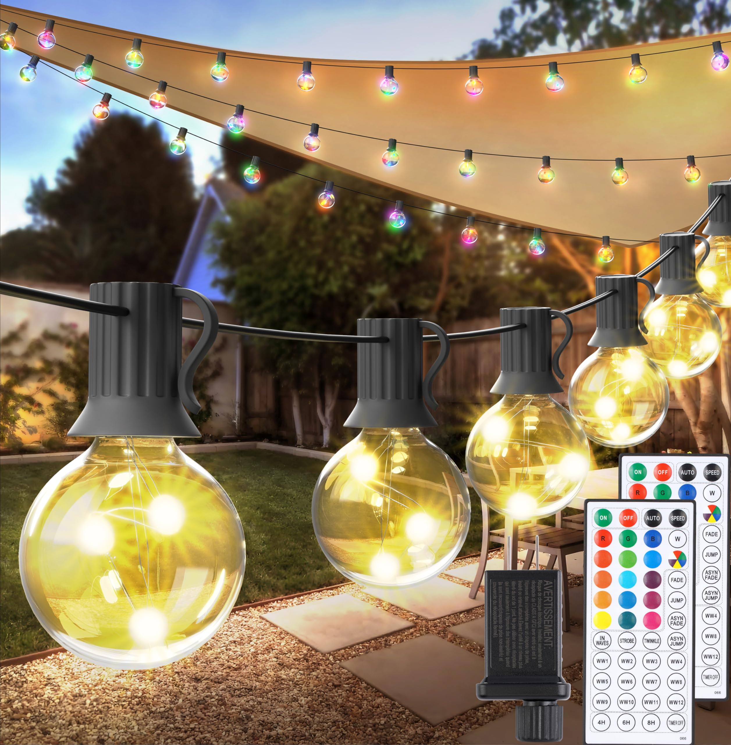 OMIKA 33Ft LED Outdoor String Lights - Waterproof G40 Patio Lights with 30+2 Bulbs (Warm White & RGB), Connectable Hanging Lights with Remote & Timer - Perfect for Garden, Porch, Yard, Party, Wedding Decorations