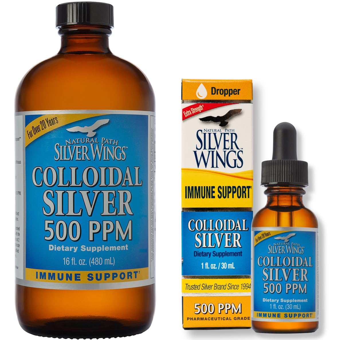 Natural Path Silver Wings Colloidal Silver Supplement 500 ppm (16 fl.oz / 480 ml + 1 fl.oz / 30 ml) - Immune Support, Antibacterial, Natural Remedy for Cold & Flu Relief - Perfect for Travel, Home & First Aid Kits