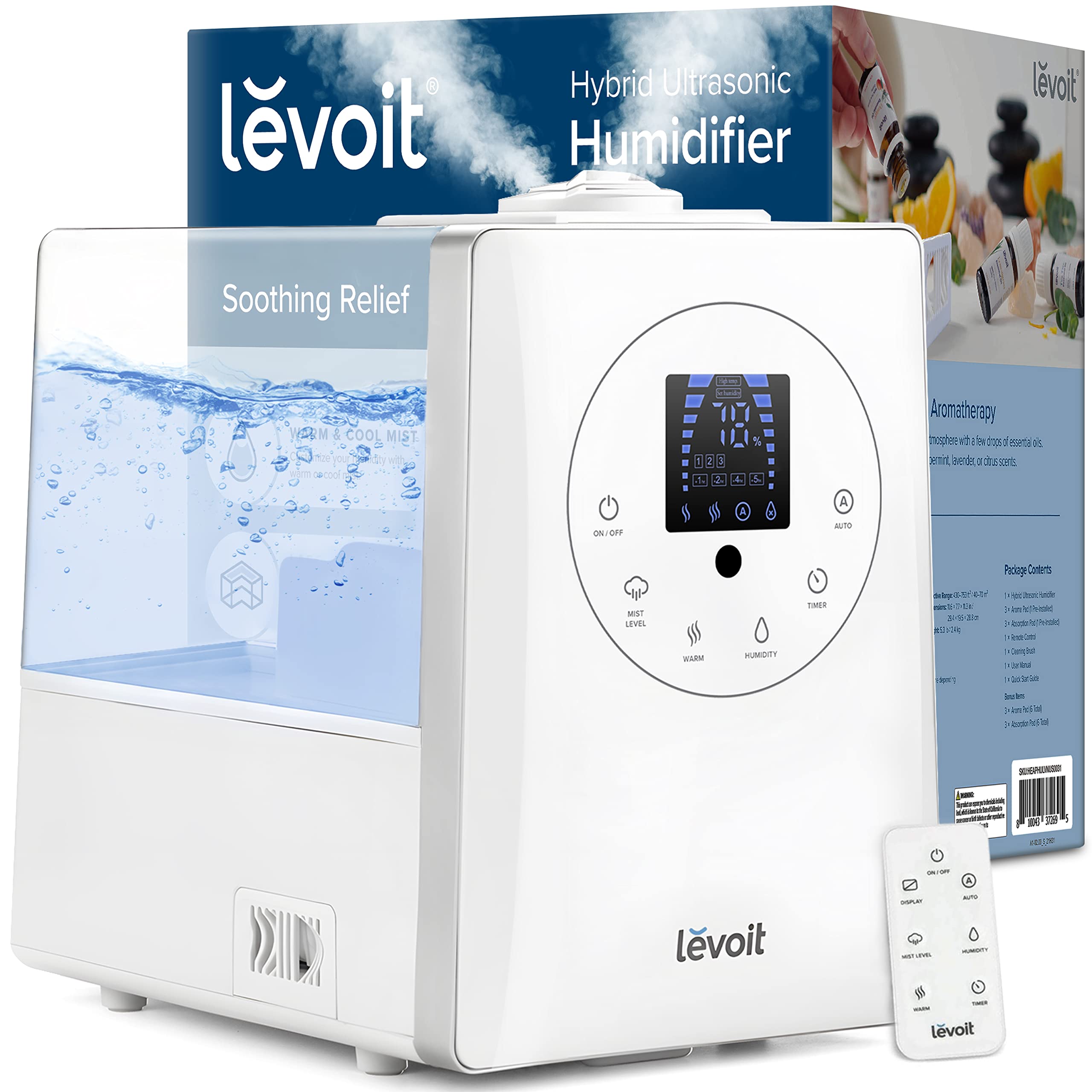 LEVOIT 6L Ultrasonic Humidifier - Warm & Cool Mist for Large Rooms, Bedrooms & Whole House | Built-in Humidity Sensor, Essential Oil Diffuser | Whisper Quiet with Timer | Ideal for Dry Air Relief, Baby Nurseries & Plant Care (White)