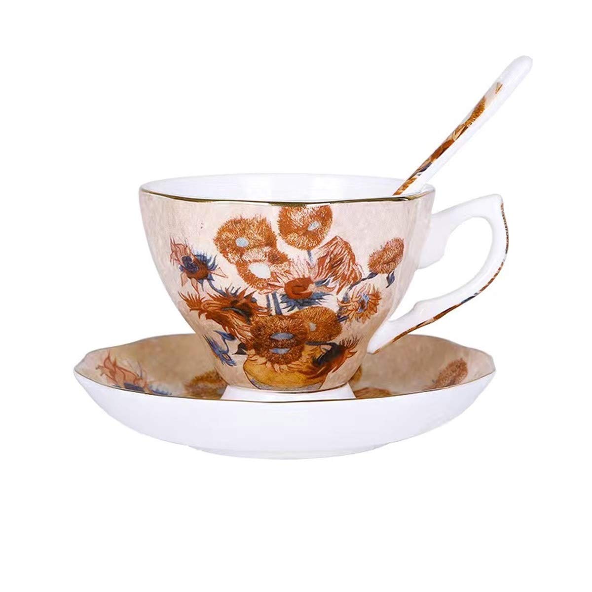 VRBELNI Vidsel Van Gogh Sunflower Coffee Cup & Saucer Set - 6-Piece Ceramic Tea Cups for Latte, Cappuccino & Tea - Perfect for Home, Office & Cafe Use