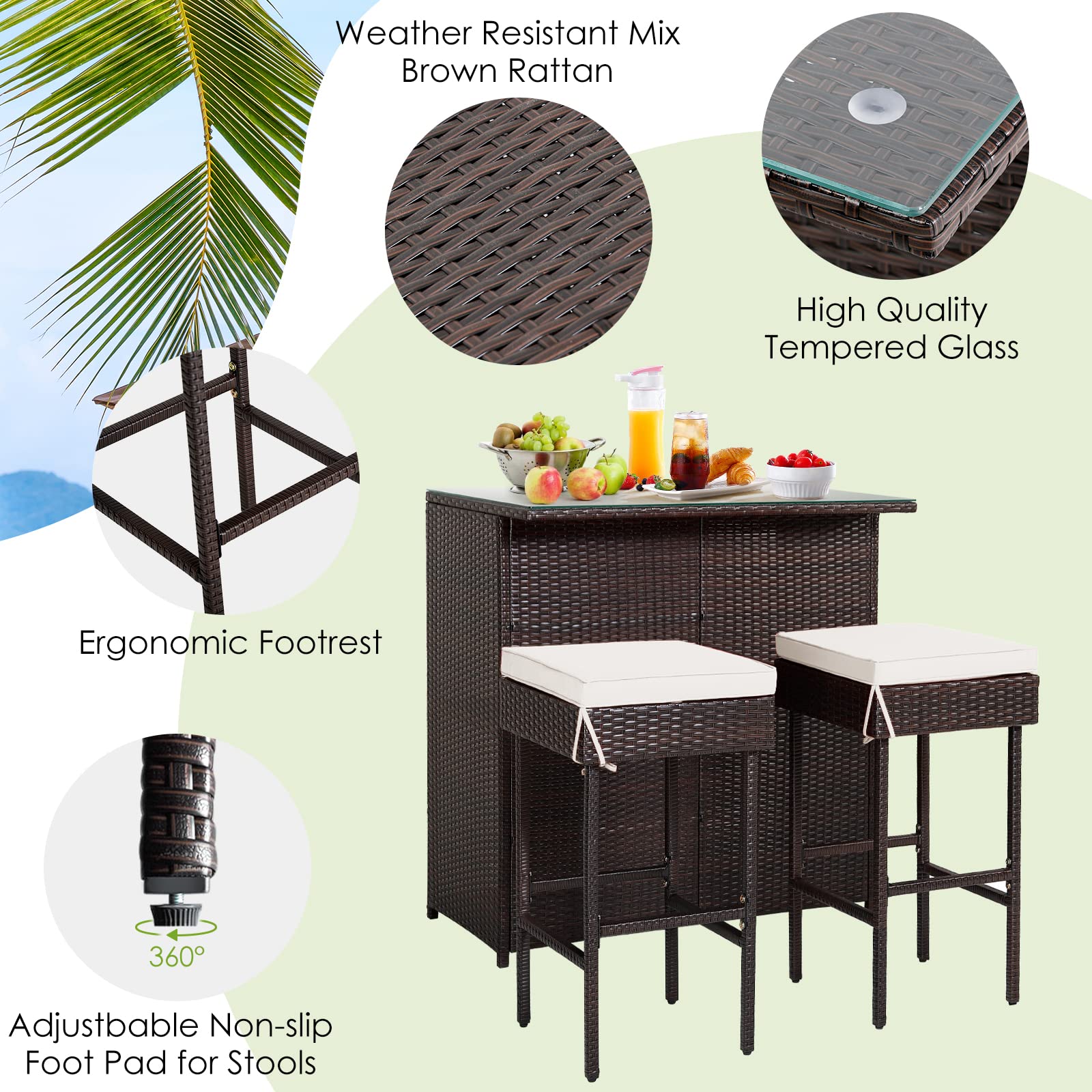 RELAX4FLIE 3-Piece Outdoor Bar Set - Patio Wicker Bar Table & Chairs with Cushioned Stools, 2 Open Shelves & Tempered Glass Top - Rattan Bar Height Set for Poolside, Garden, Backyard, Deck & Outdoor Entertaining (Beige)