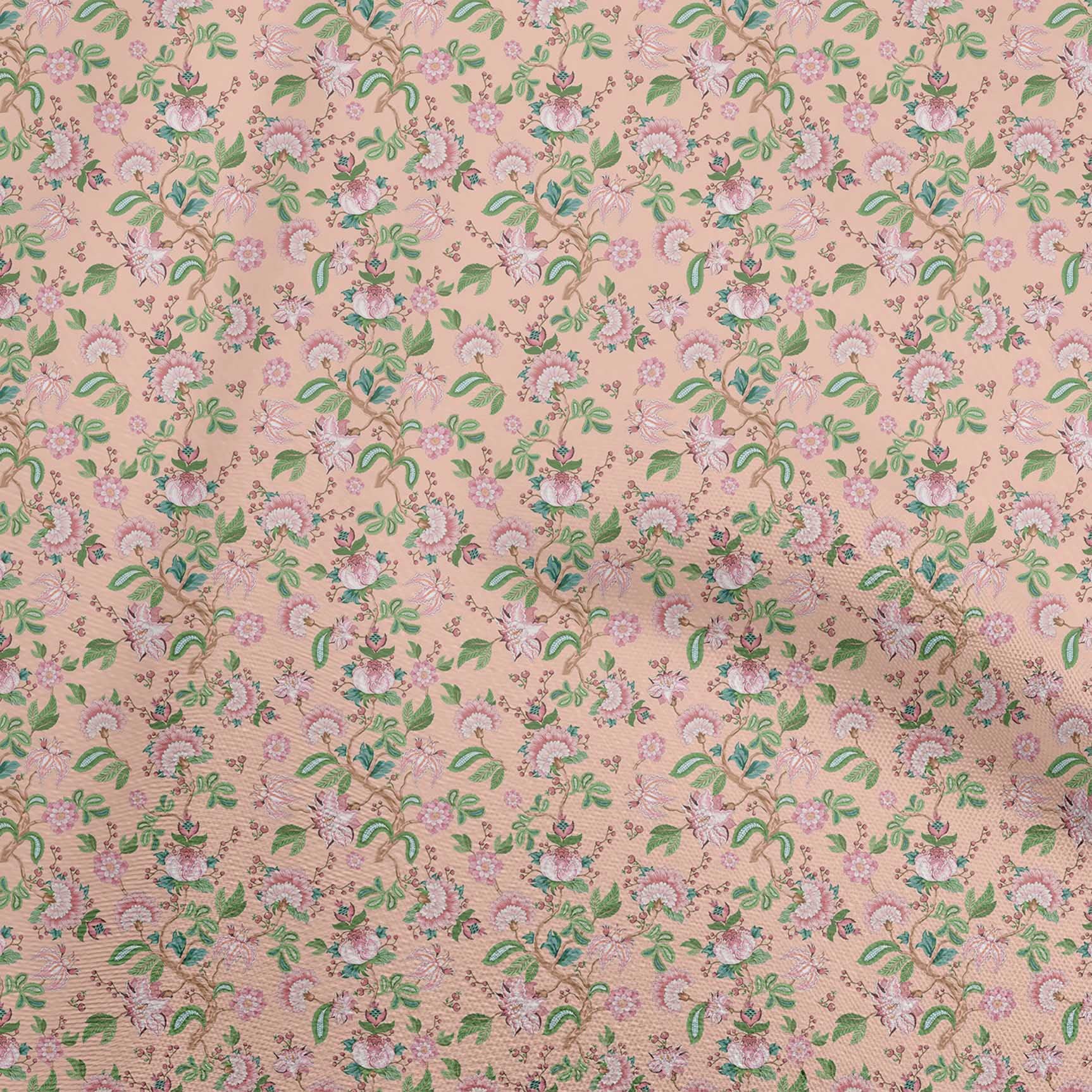 Premium 100% Cotton Poplin Fabric - Pink Salmon Jacobean Floral Print Dress Material (42