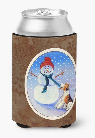 Snowman with Fox Terrier Can Hugger - Insulated Beverage Sleeve for Cans & Bottles - Perfect for Christmas Gifts, Holiday Parties & Winter Drinks