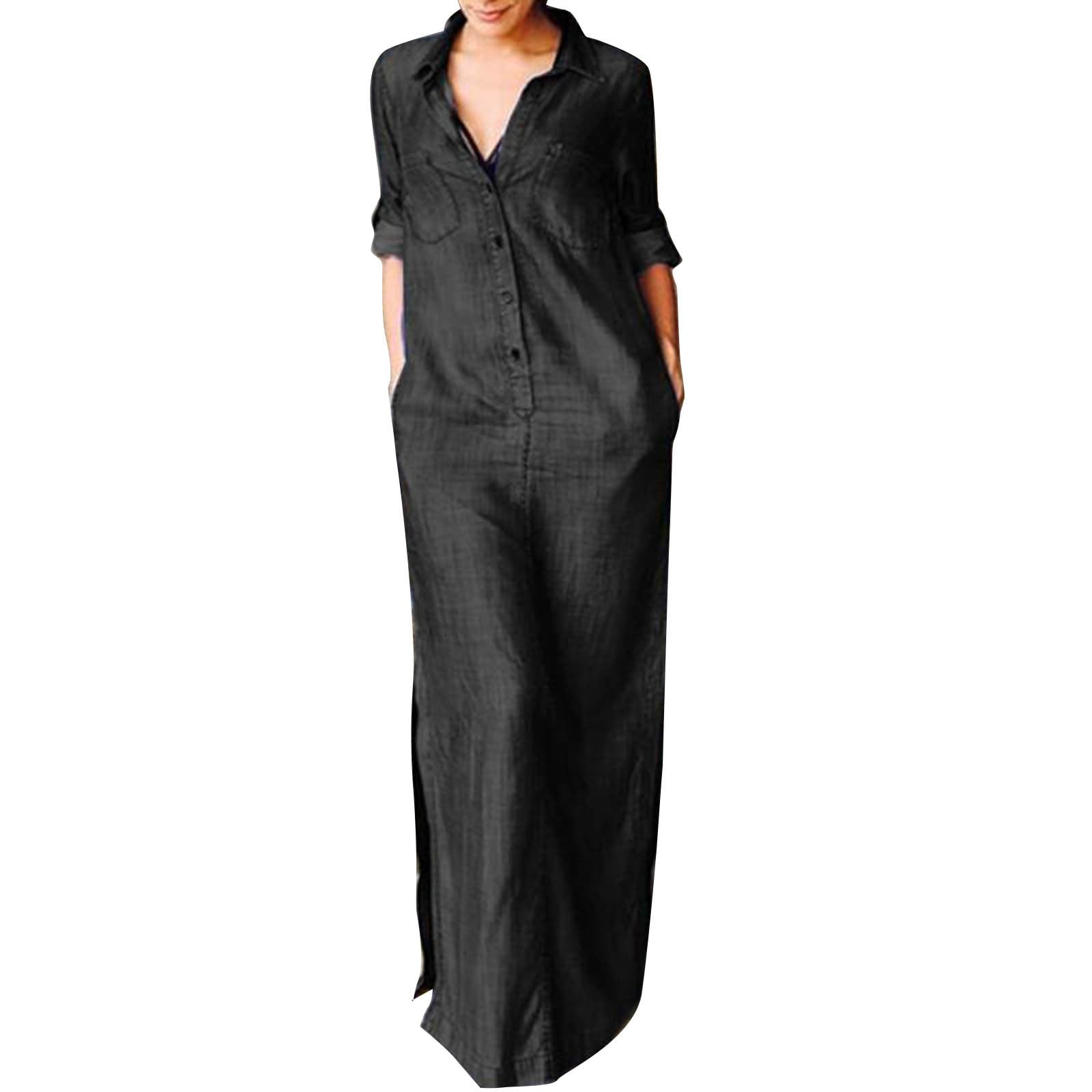Women's Denim Shirt Dress with Long Sleeves & Waist Tie - Casual Chambray Button Down Dress with Lapel & Thickened Fabric | Perfect for Spring/Fall Layering, Office Wear & Weekend Outings