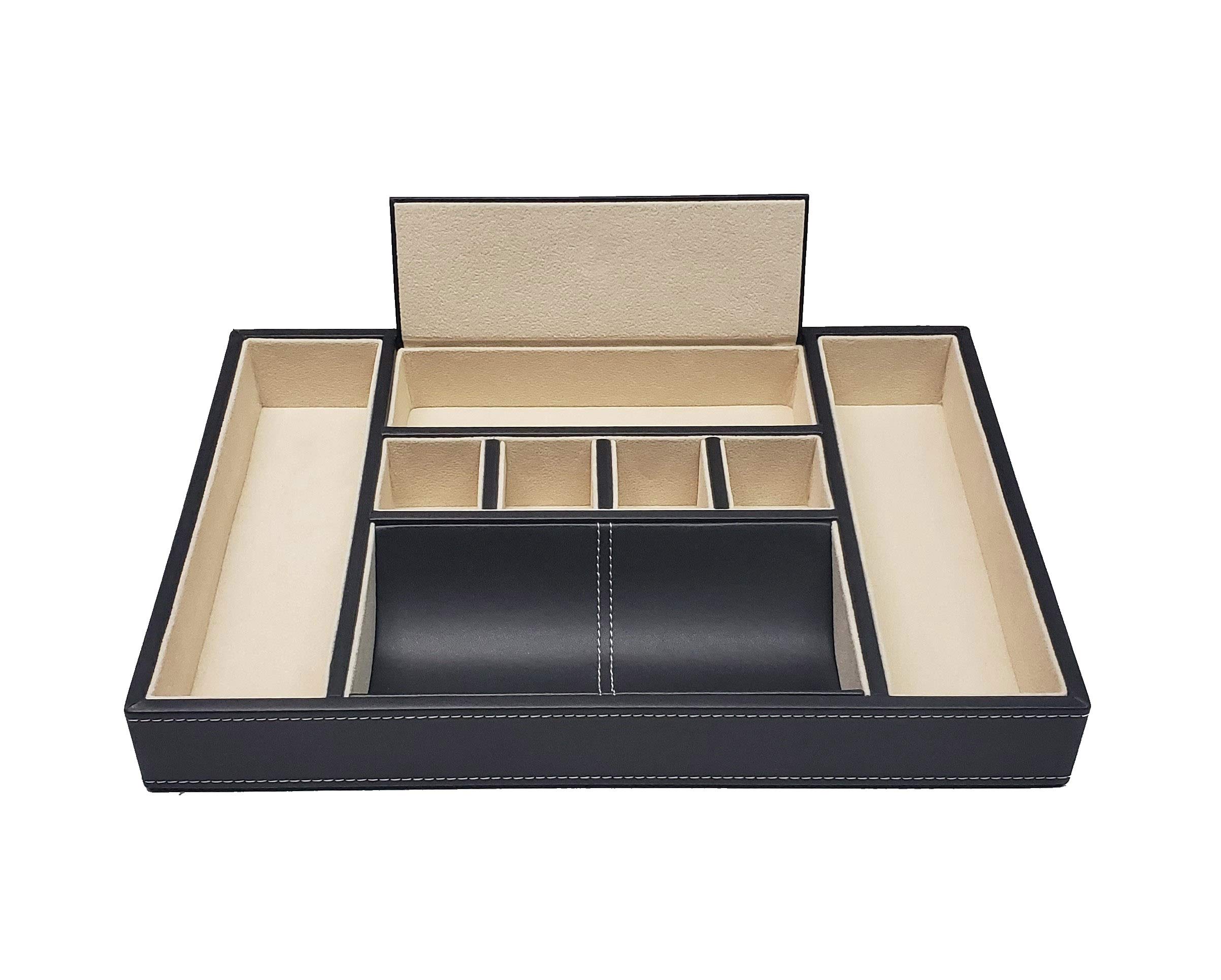 Black Leatherette Valet Tray - Desk & Dresser Drawer Organizer for Keys, Phone, Jewelry, Watches, Coins & Accessories | Perfect for Home Office, Bedroom & Father's Day Gifts
