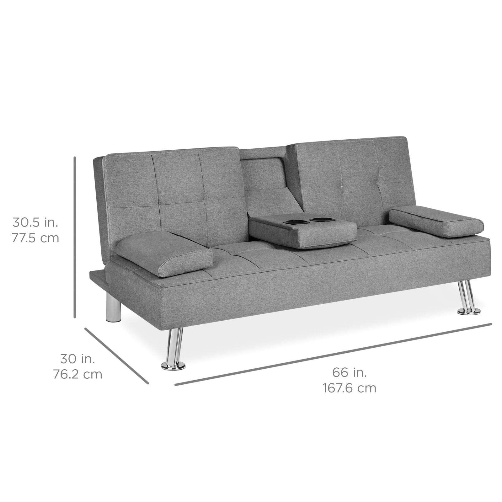 Grey Linen Convertible Futon Sofa Bed with Cup Holder - Recliner Lounger Sleeper for Living Room, Bedroom & Small Spaces | Space-Saving Modern Furniture for Apartments & Studios | Multi-Functional Home Décor for Relaxing & Hosting Guests