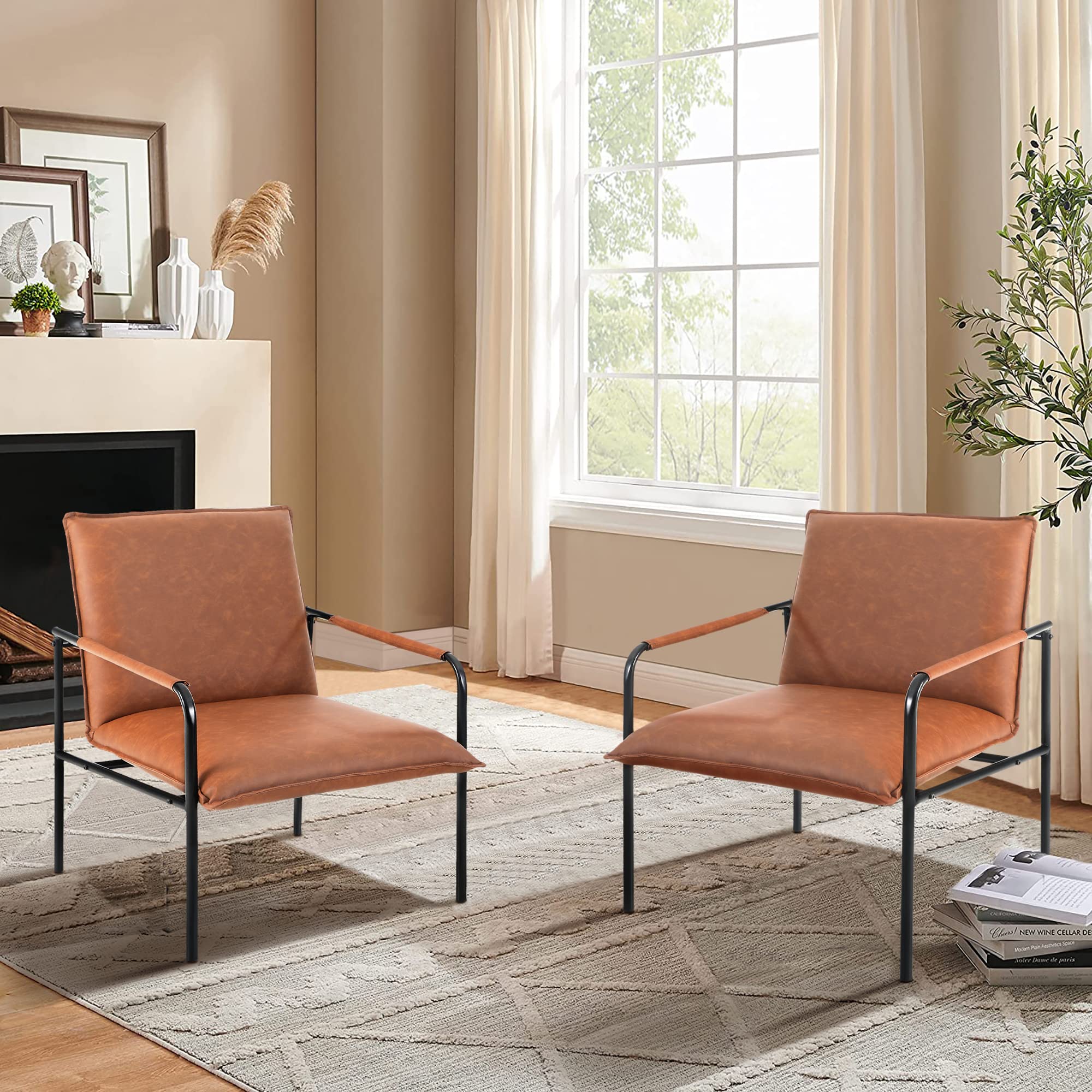 MAISON ARTS Mid Century Modern Faux Leather Accent Lounge Chair - Retro Steel Frame Armchair for Living Room, Bedroom & Office - 350LBS Weight Capacity - Pale Brown - Perfect for Small Spaces, Reading Nooks & Cozy Home Decor