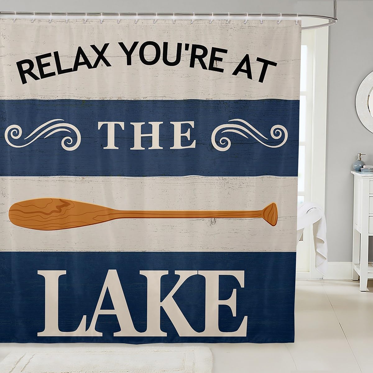 Jejeloiu 72x72 Inch Lake Themed Shower Curtain for Kids - Blue and White Lake House Paddle Design, Boys Bathroom Decor, Waterproof Bath Curtain Set for Cabin, Cottage, or Coastal Style Bathroom - Perfect for Kids' Bathrooms, Lake Houses, and Relaxing Spa-Like Showers