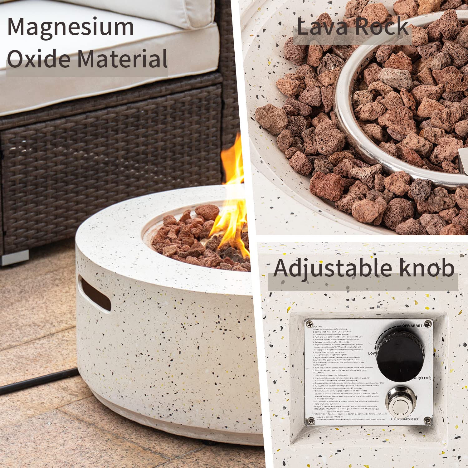 **SUNBURY 28-Inch Round Outdoor Propane Fire Pit Table with Glass Wind Guard - 40,000 BTU Spotted White Patio Gas Fire Table, Includes Waterproof Cover & Lava Rocks - Perfect for Backyard, Deck, or Garden Gatherings**