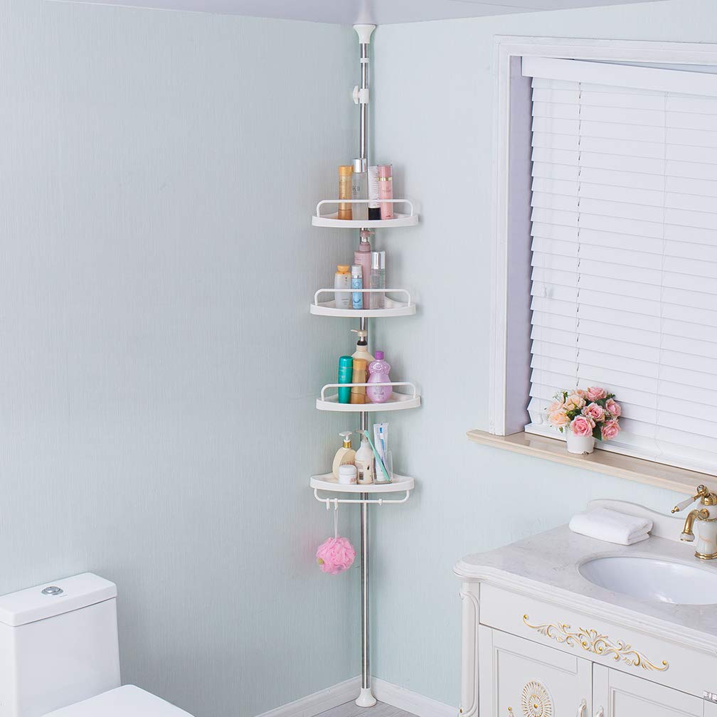 Hershii 4-Tier Adjustable Tension Pole Shower Caddy - Stainless Steel Bathroom Corner Storage Shelf Organizer for Shampoo, Conditioner & Toiletries - Perfect for Small Bathrooms & Apartment Showers (Ivory)