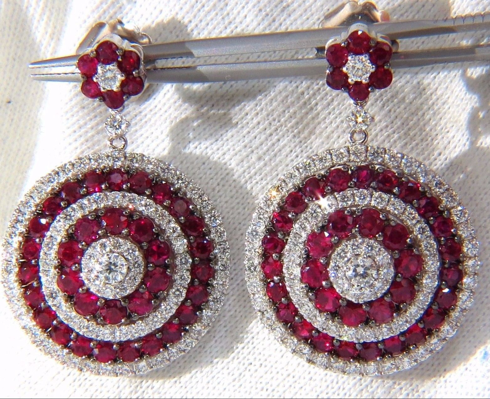 9.74ct Natural Red Ruby Diamond Dangling Earrings 18K Gold Roulette Bulls Eye - Elegant Jewelry for Weddings, Parties & Special Occasions