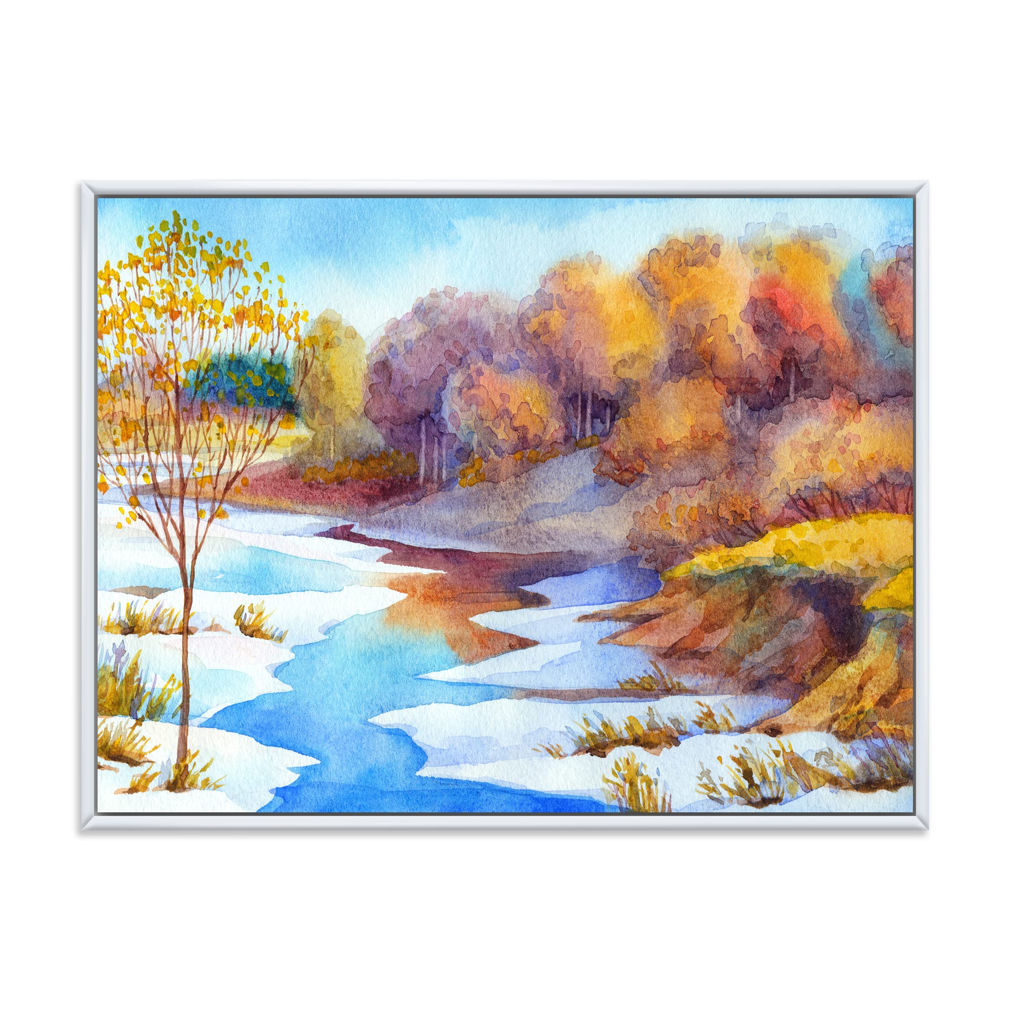 DesignQ Stream In Winter Forest Valley - Lake House Framed Canvas Wall Art Print for Living Room, Bedroom & Office Decor | Nature Landscape Painting for Home & Wall Decoration
