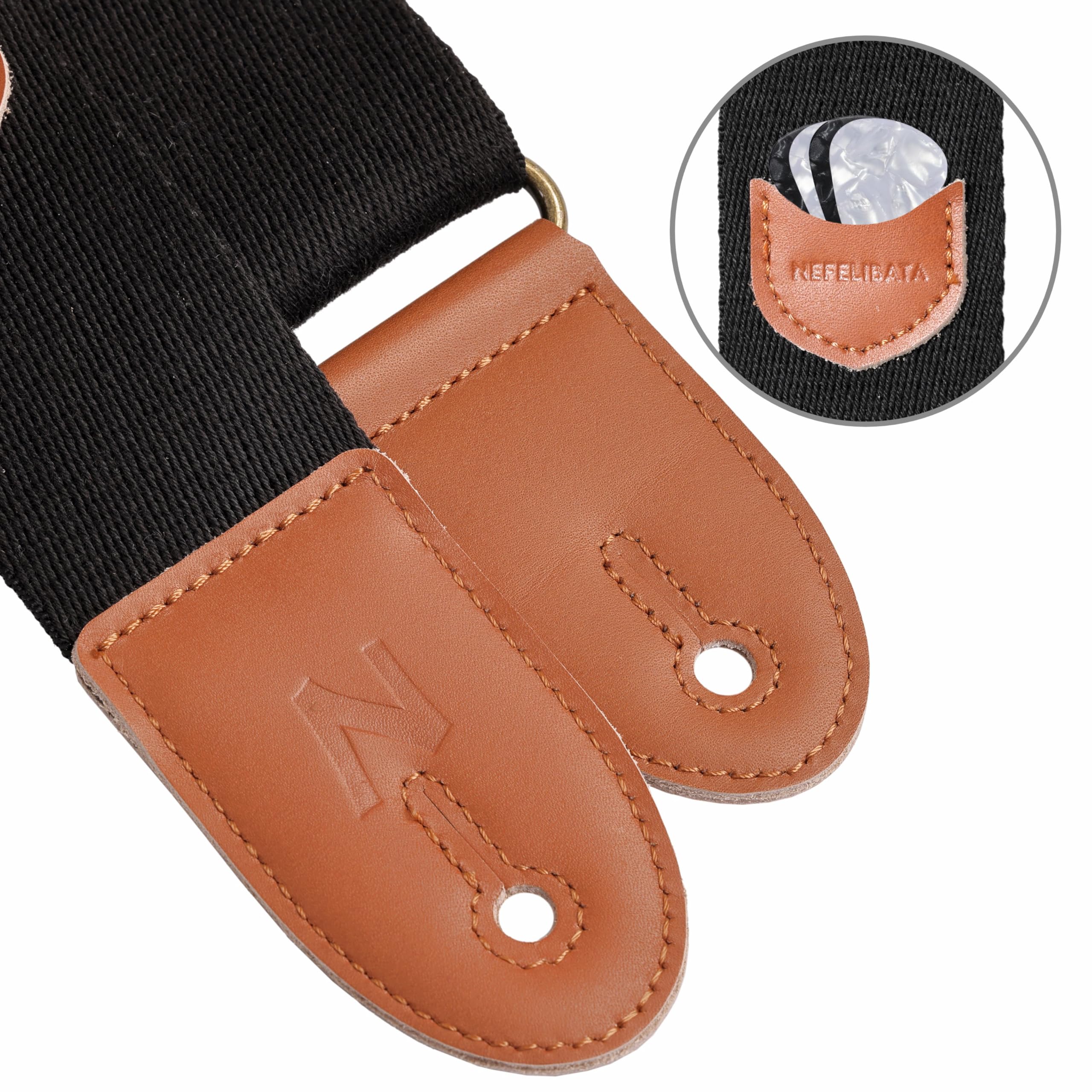 Premium Nefelibata Guitar Strap - 100% Cotton with Full Grain Leather Ends for Bass, Electric & Acoustic Guitars - Includes Pick Pocket, Free Strap Button, 1 Pair Strap Locks & 4 Guitar Picks (Black) - Perfect for Live Performances, Studio Recording & Practice Sessions