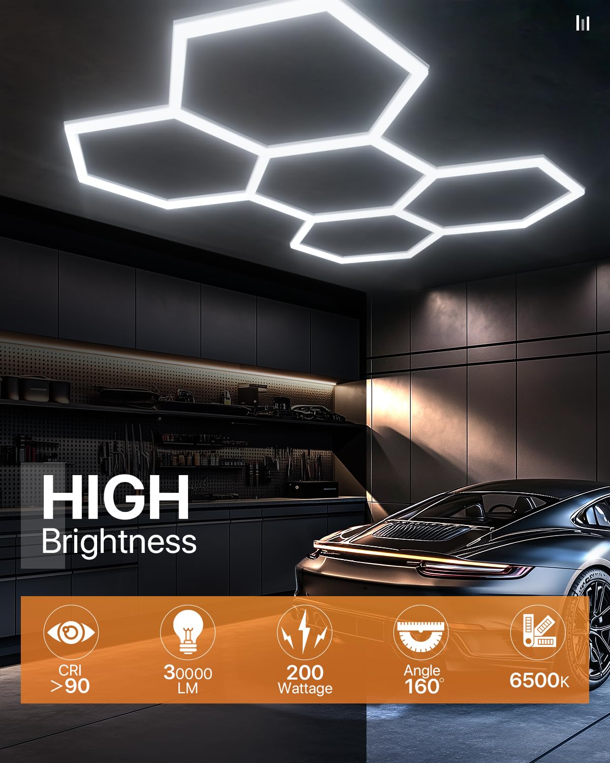 Hexagon LED Garage Light 69 Pack - 200W 30000LM 6500K Bright White Hexagonal Lights for Garage, Basement, Warehouse | Energy Saving Shop Lighting for Auto Detailing, Car Wash, Workshop & Industrial Spaces