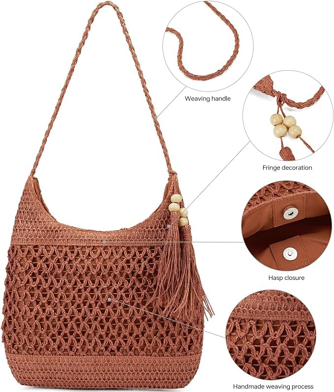 Large Packable Straw Mesh Beach Tote Bag for Women - Woven Crossbody Purse & Hobo Handbag - Perfect for Travel, Vacation & Summer Outings