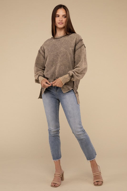 Acid Wash French Terry Exposed Seam Sweatshirt | Vintage Distressed Pullover | Casual Streetwear for Men & Women | Perfect for Fall Layering and Urban Fashion