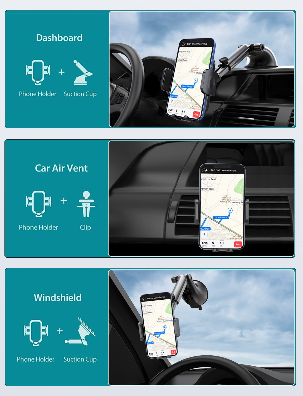 3-in-1 Car Phone Mount Holder - Ultra Durable Dashboard, Windshield & Air Vent Mount with Multi-Angle Adjustment for All Smartphones - Perfect for GPS Navigation, Hands-Free Calling & Road Trips
