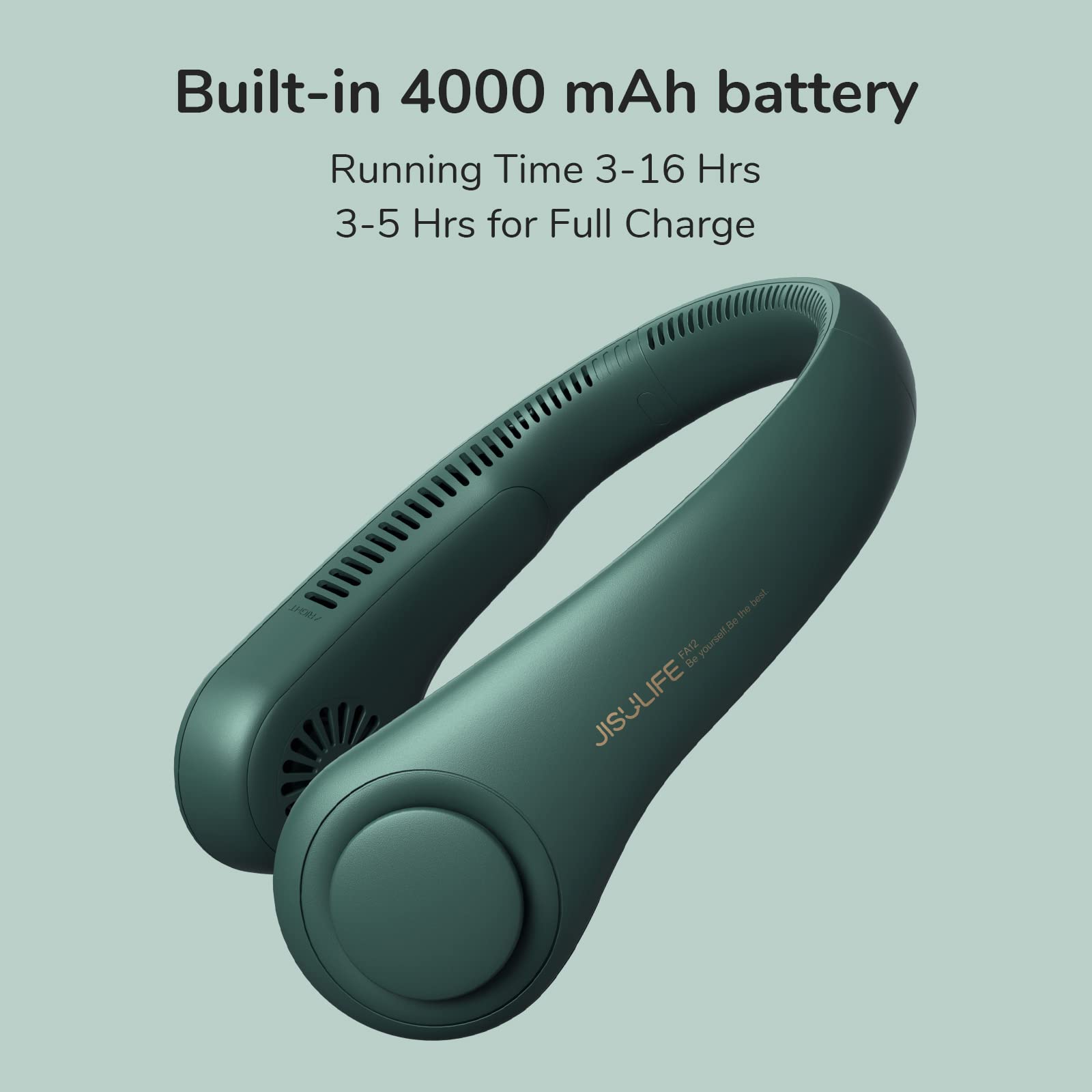 JISULIFE Portable Neck Fan - Hands Free Bladeless Personal Fan with 4000mAh Battery, USB Powered Desk Fan, 5 Speed Settings - Dark Green - Perfect for Office, Travel, Outdoor Activities & Home Use