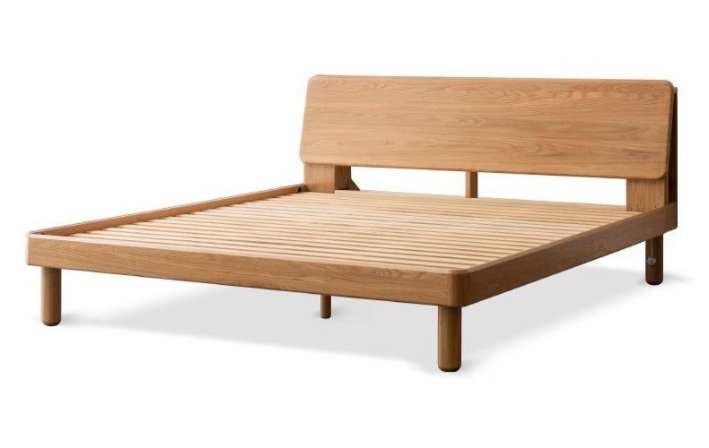 Solid Oak Wood Platform Bed with Bookshelf Headboard - Modern Bedroom Furniture for Small Spaces & Cozy Reading Nook