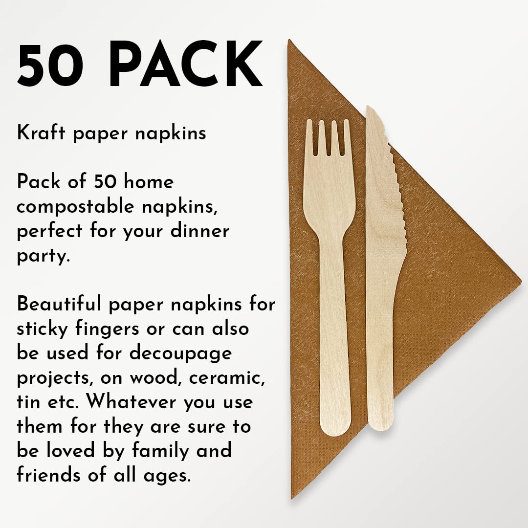 Eco-Friendly Brown Paper Napkins by Kissymix - 50 Pack Triple Layer Compostable Kraft Tissue Serviettes for Birthday, Wedding, Christmas & Dinner Parties | Sustainable Tableware for Home, Restaurant & Catering Events