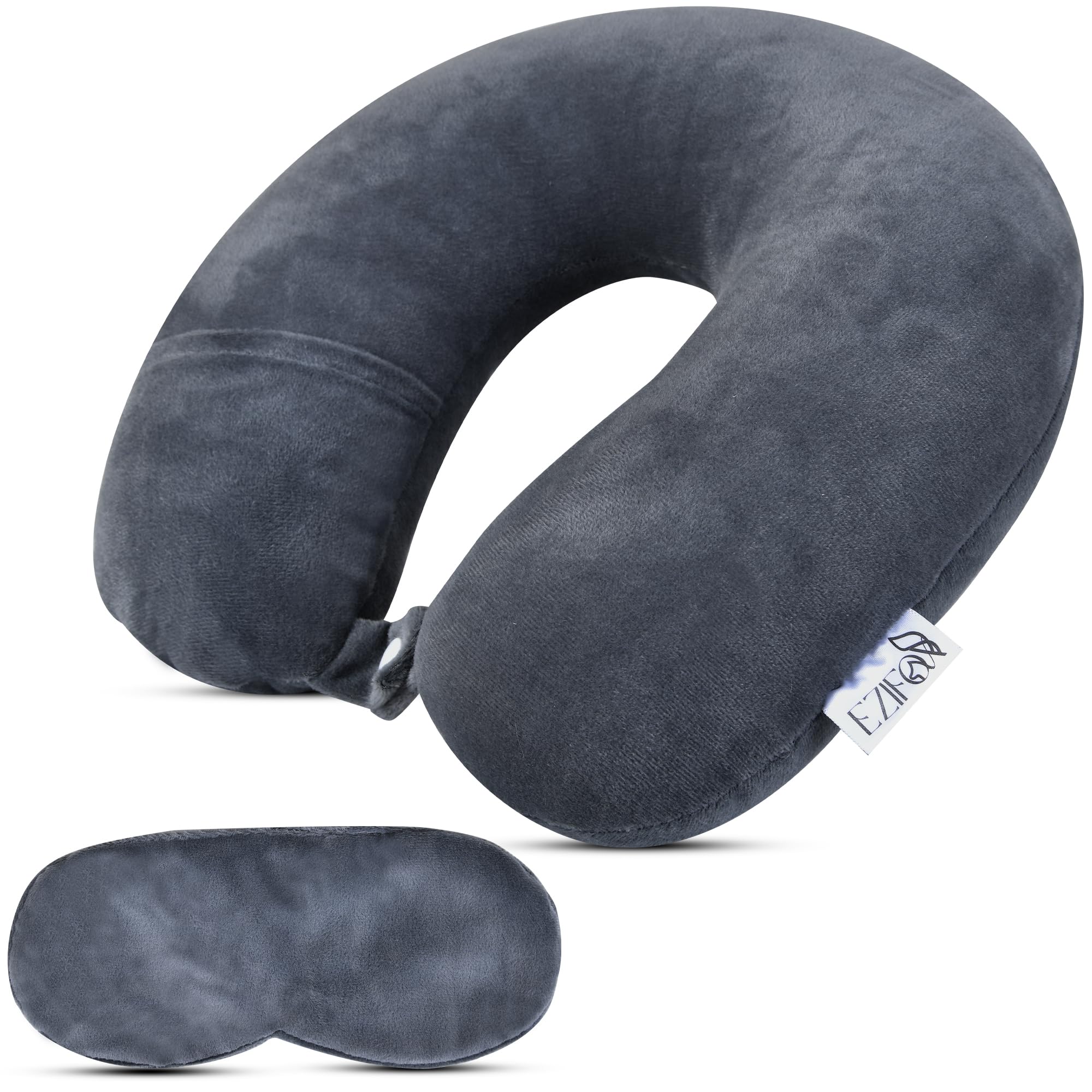 Ezifox Travel Neck Pillow with Sleep Eye Mask Set - Memory Foam Support for Airplane, Car & Train - Grey Comfort Pillow for Men & Women - Perfect for Long Flights, Road Trips & Commuting - 3 Year Warranty