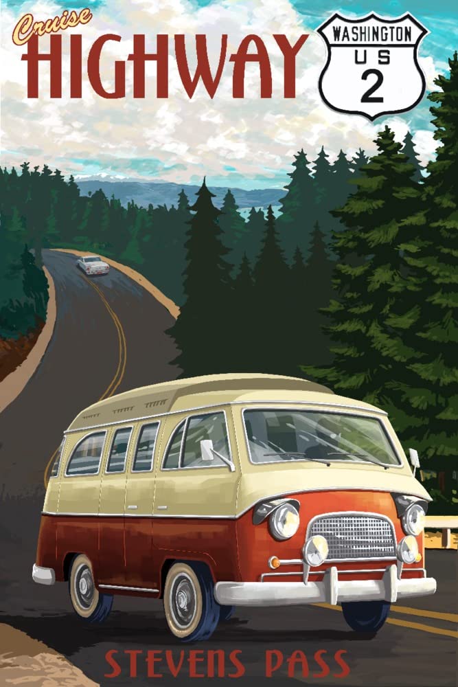 Stevens Pass Washington Cruise Highway 2 Camper Van - 24x36 Hand Signed Giclee Art Print - Vivid Textured Wall Decor for Living Room, Bedroom & Office
