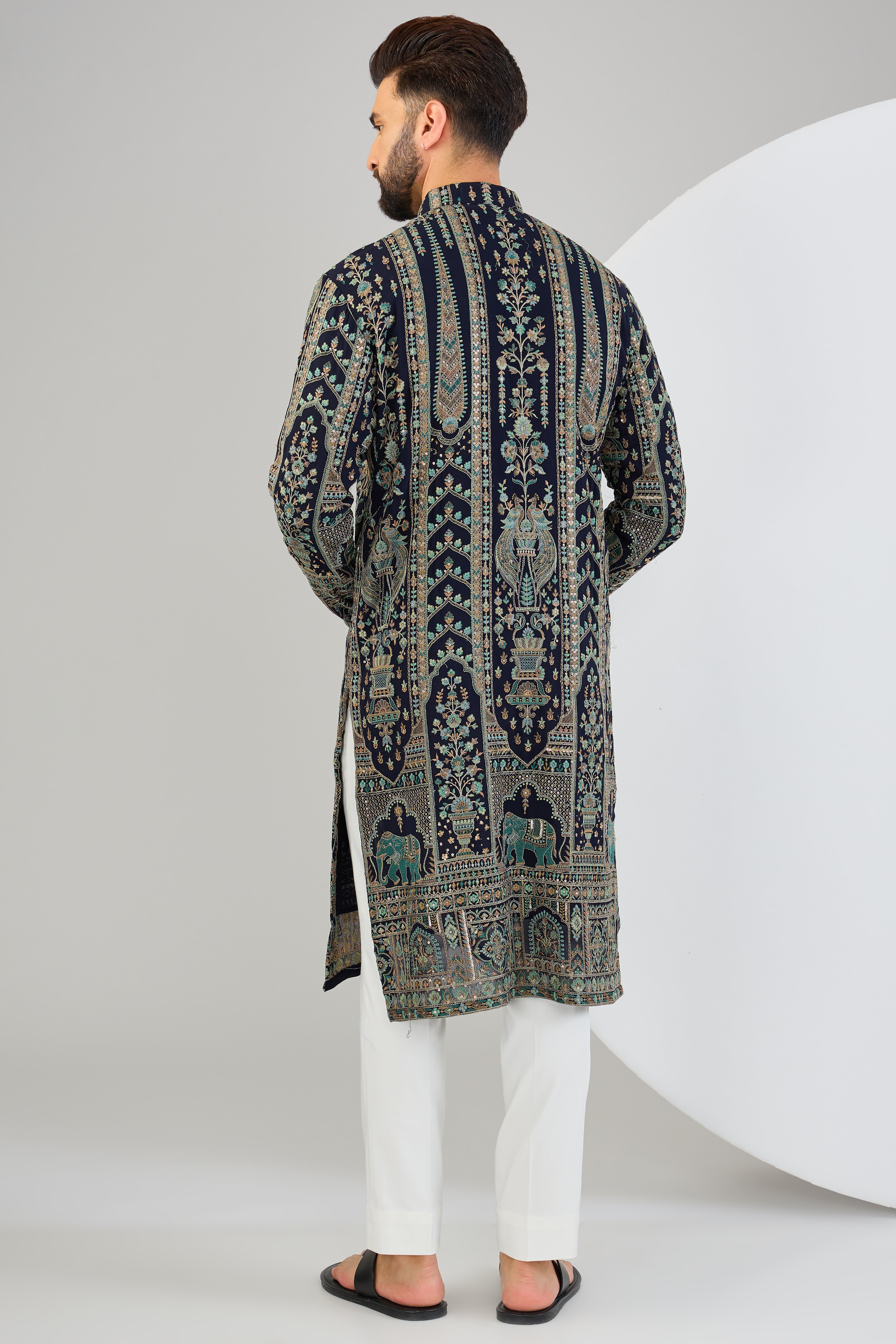 Elegant Navy Blue Chikankari Kurta with Intricate Floral & Fauna Embroidery - Perfect for Festivals, Weddings & Ethnic Occasions