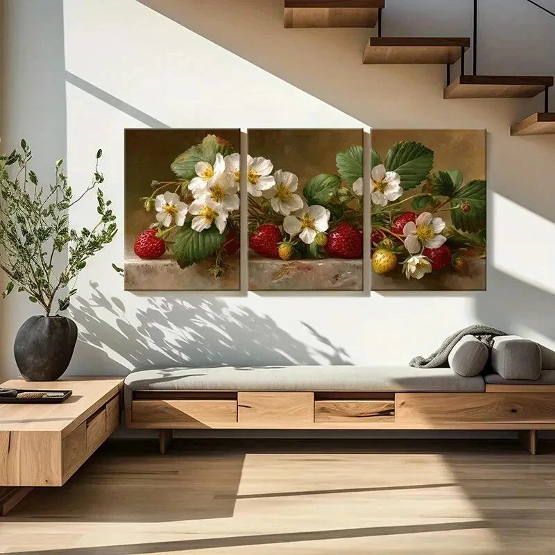 3-Piece Vibrant Strawberry Blossoms & White Flowers Metal Wall Art - Ready to Hang Home Decor for Living Room, Bedroom, or Office