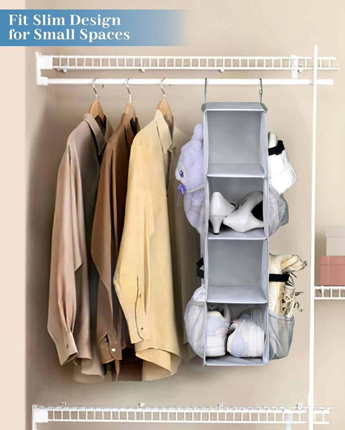 Sleeping Lamb Hanging Shoe Organizer for Closet - 8 Pair Capacity with Mesh Pockets | Space-Saving Shoe Rack for RV, Camper & Home Organization | Grey Closet Storage Solution (Perfect for Small Spaces & Travel)