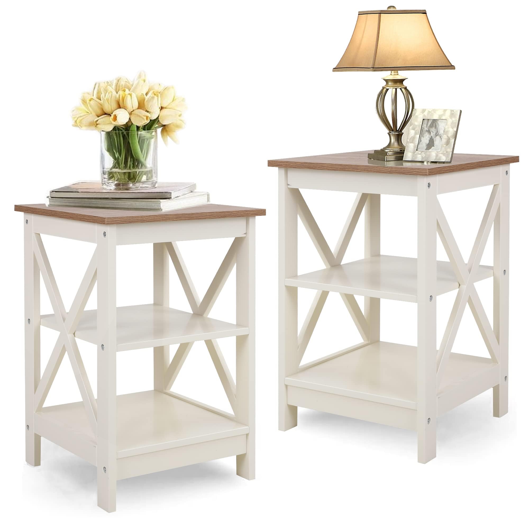 PHI VILLA 2-Piece White End Table Set - Farmhouse Style Nightstand & Side Table for Living Room, Bedroom, Small Spaces | Perfect for Coffee Table Companion, Bedside Storage & Home Decor