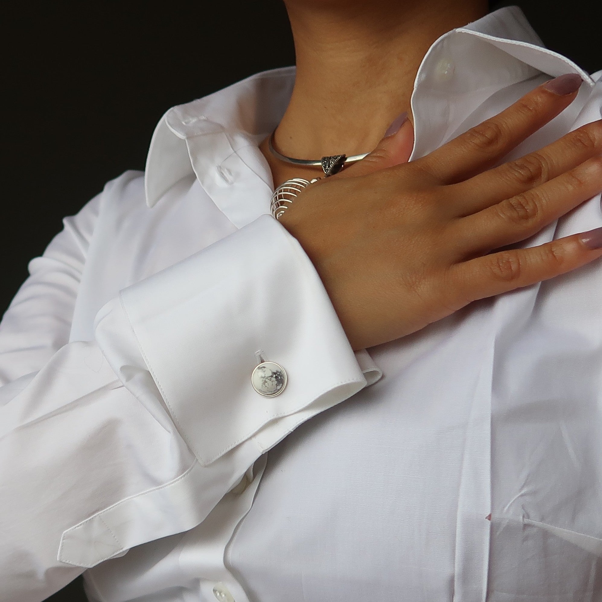 Stylish Howlite Cufflinks Set - Premium White Stone & Sterling Silver Mens Dress Accessories - Perfect for Weddings, Business Meetings & Formal Events