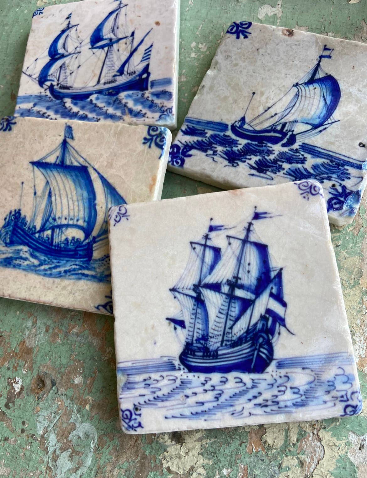Handcrafted Delft Blue Ceramic Coasters with Dutch Boat Design - Perfect for Home Decor, Coffee Tables, and Gift Giving