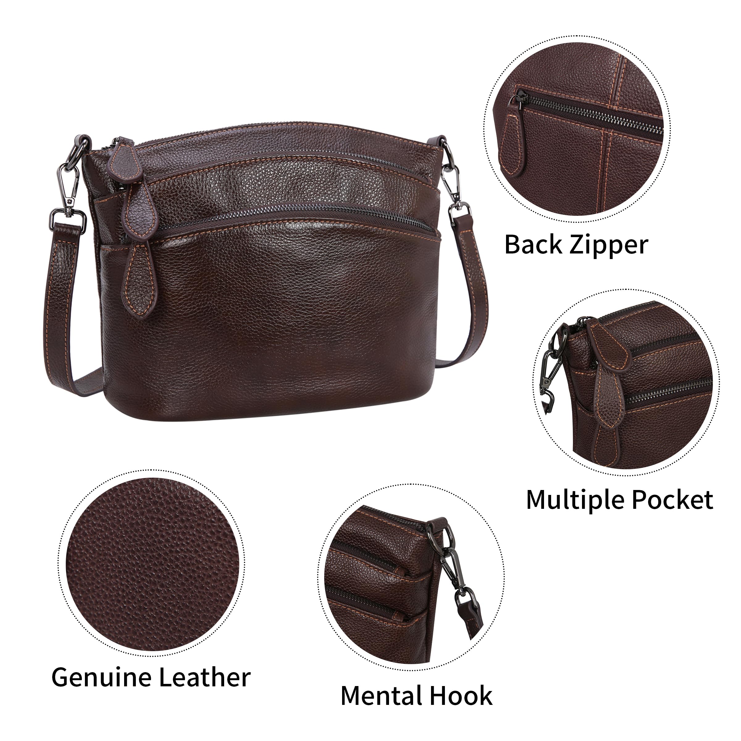 HESHE Women's Leather Crossbody Bag with Multiple Pockets - Small Functional Shoulder Purse Satchel Handbag for Daily Use, Travel & Shopping