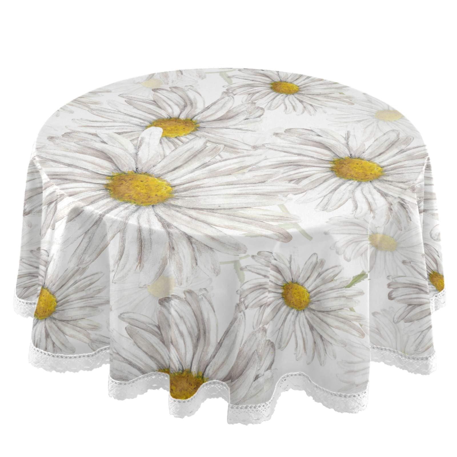 White Lace Round Tablecloth 60 Inch - Chamomile Daisy Floral Polyester Table Cover for Party, Wedding, Dinner Decor & Home Dining Room Decorations