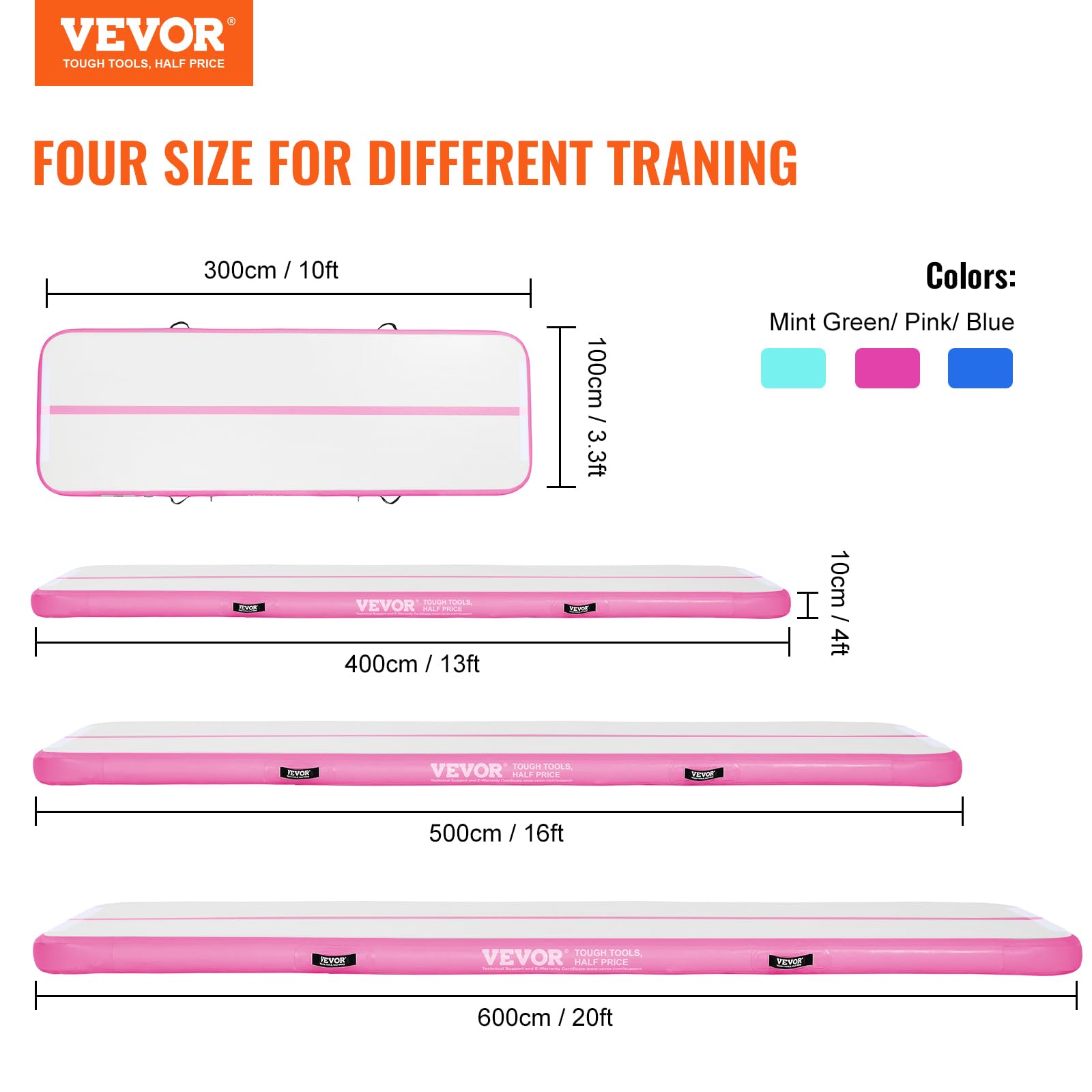 VEVOR Inflatable Gymnastics Air Mat with Electric Pump - Portable Training Mat for Home, Gym, Yoga, Cheerleading - Perfect for Beach, Park & Water Activities | Great for Kids Play, Fitness Training & Outdoor Fun