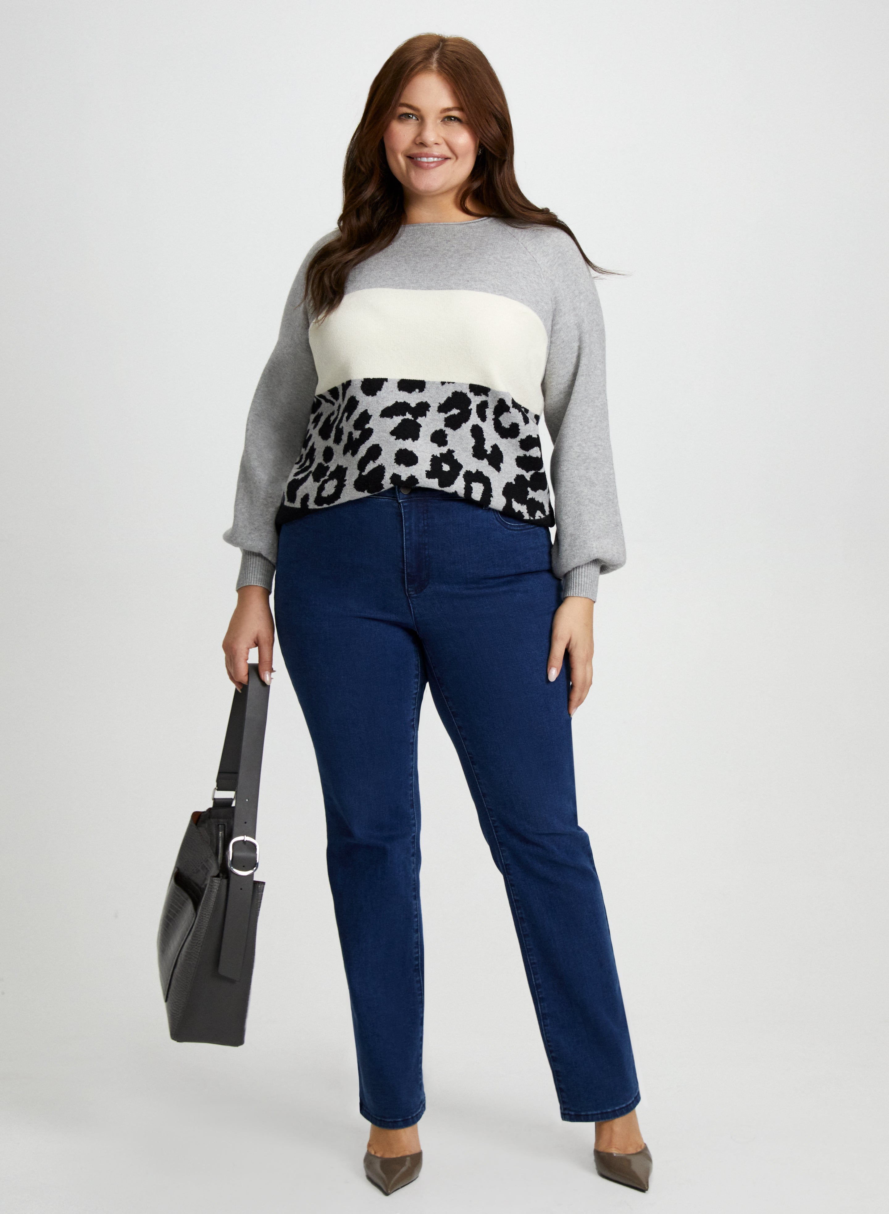 Color Block Sweater & Bootcut Jeans Set for Women - Trendy Casual Outfit for Fall Fashion, Coffee Dates and Weekend Outings