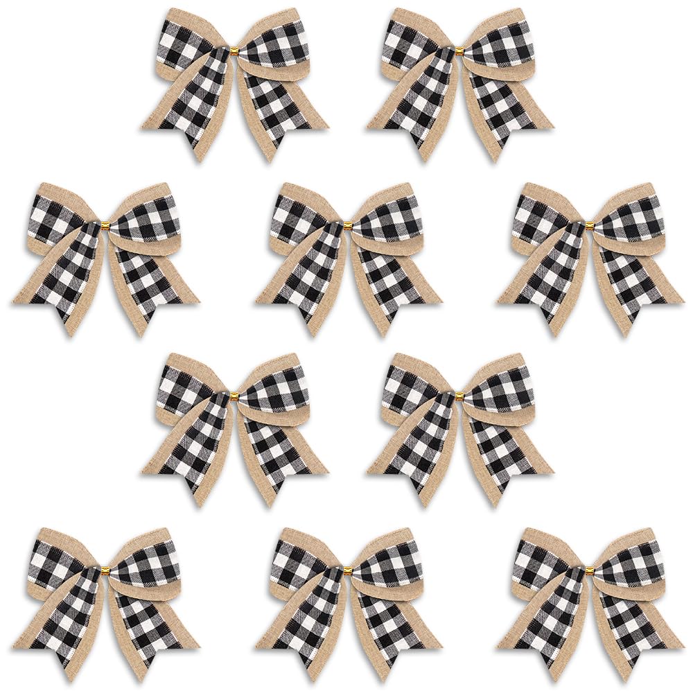 10 Pack Christmas Bows for Wreaths - Buffalo Plaid Snowflake Wreath Ornaments, Black & White Burlap Bows for Holiday Decorations (Perfect for Christmas Wreaths, Gift Wrapping, Tree Decor & Party Supplies)