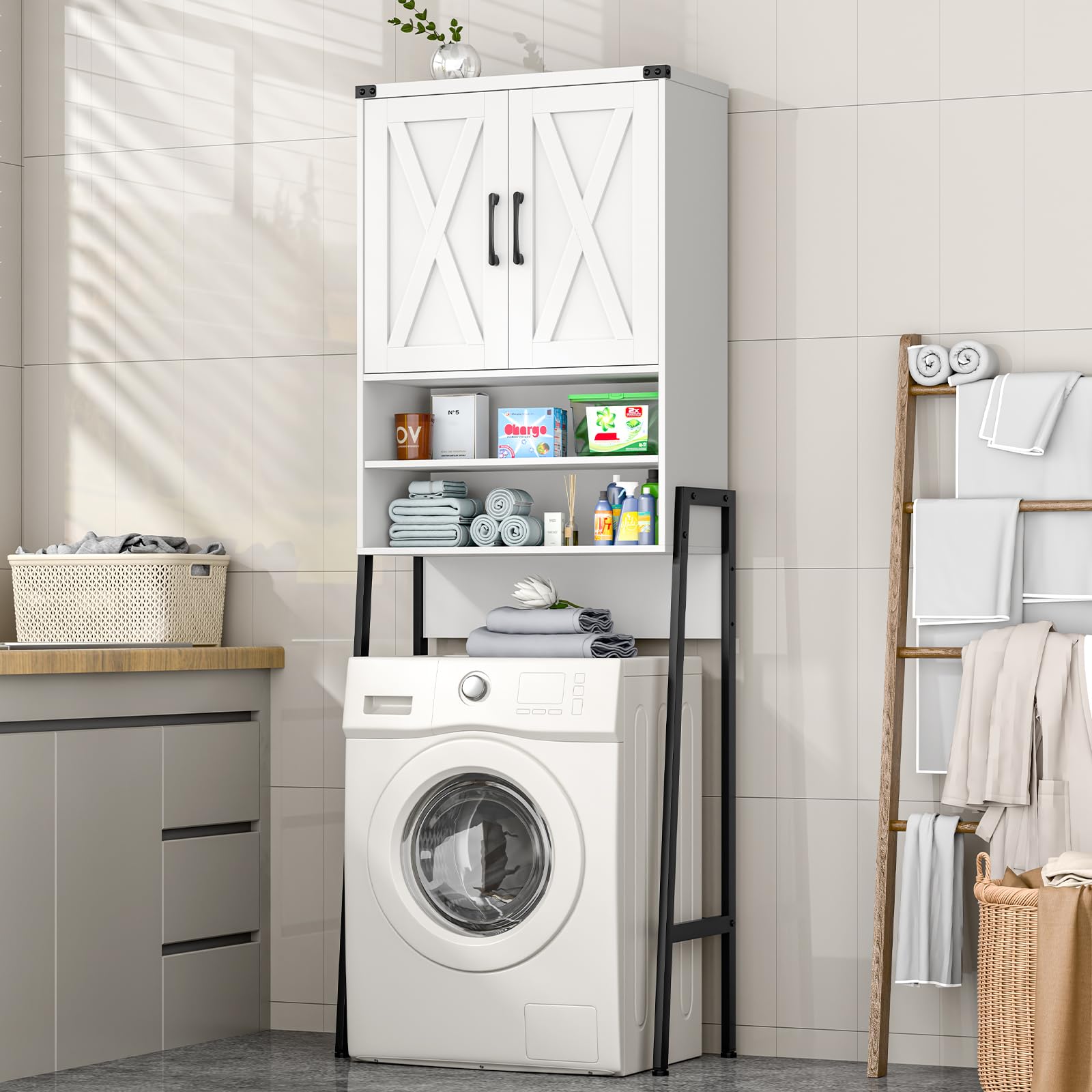 Farmhouse Over The Toilet Storage Cabinet with 2 Barn Doors - Space-Saving Metal Frame Bathroom Organizer for Toiletries, Towels & Laundry Supplies - Perfect for Small Bathrooms, Powder Rooms & Laundry Areas