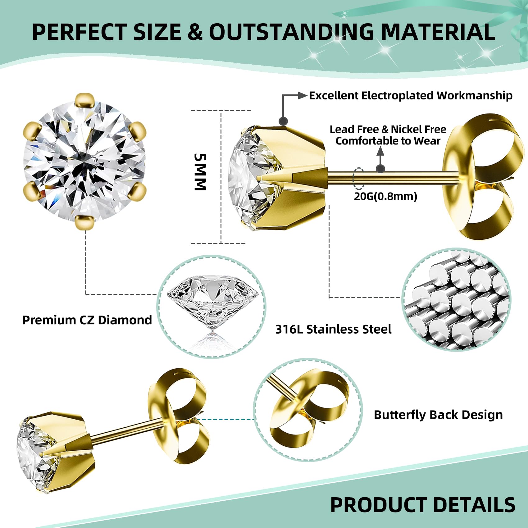 12 Pcs Disposable Ear Piercing Gun Kit with 4 Pcs 6-Prong Cubic Zirconia Earrings - 316L Stainless Steel Self Ear Piercer Tool for Home Use - Safe & Easy DIY Ear Piercing Kit (Gold) | Perfect for First-Time Piercing, Gifts & Professional Salon Results at Home