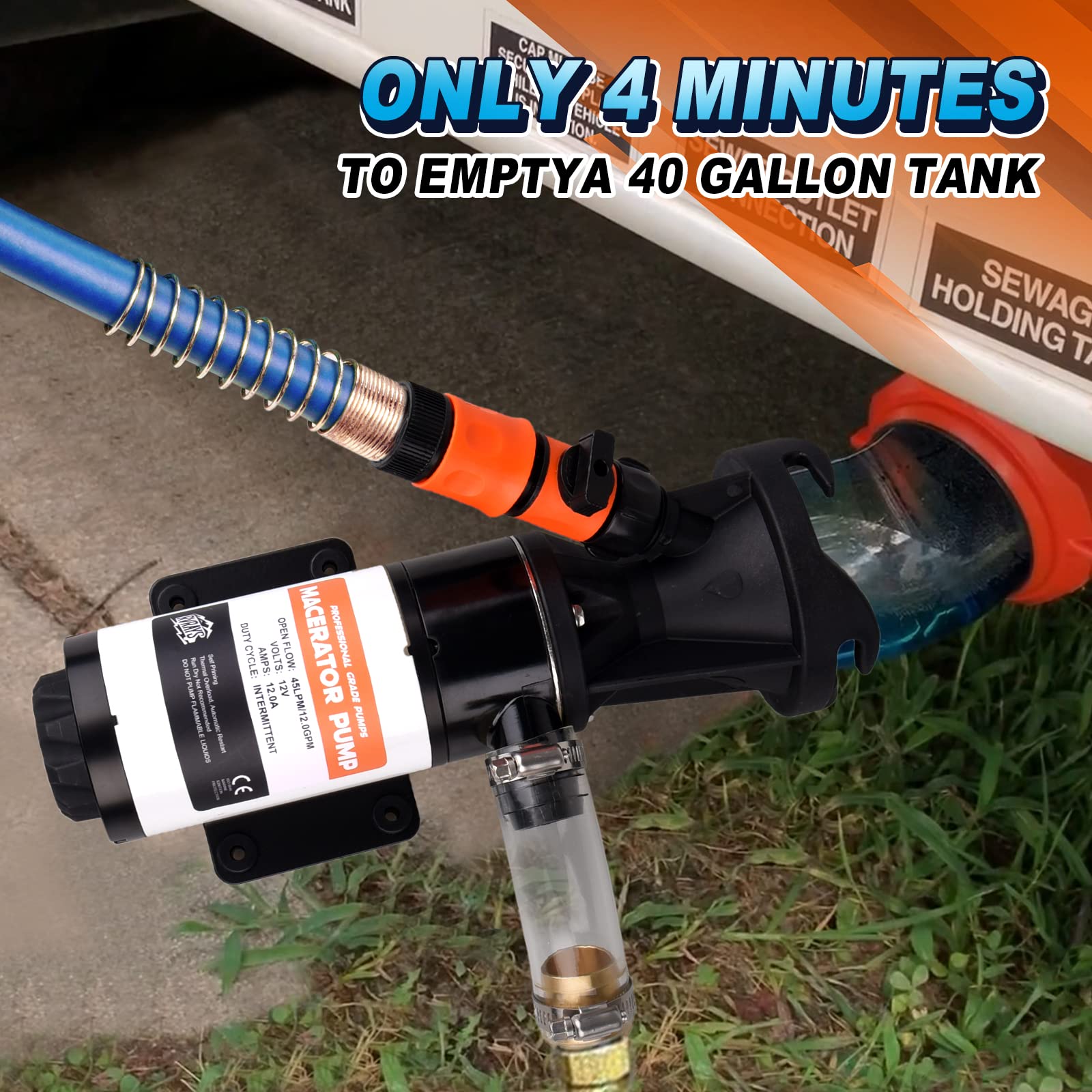 12V RV Macerator Pump - 12GPM Self-Priming Sewage Chopper Pump with Portable Storage Bag | RV Waste Water Management System for Easy Dumping & Camping Sanitation | Perfect for RV Toilets, Black Tanks & Marine Applications