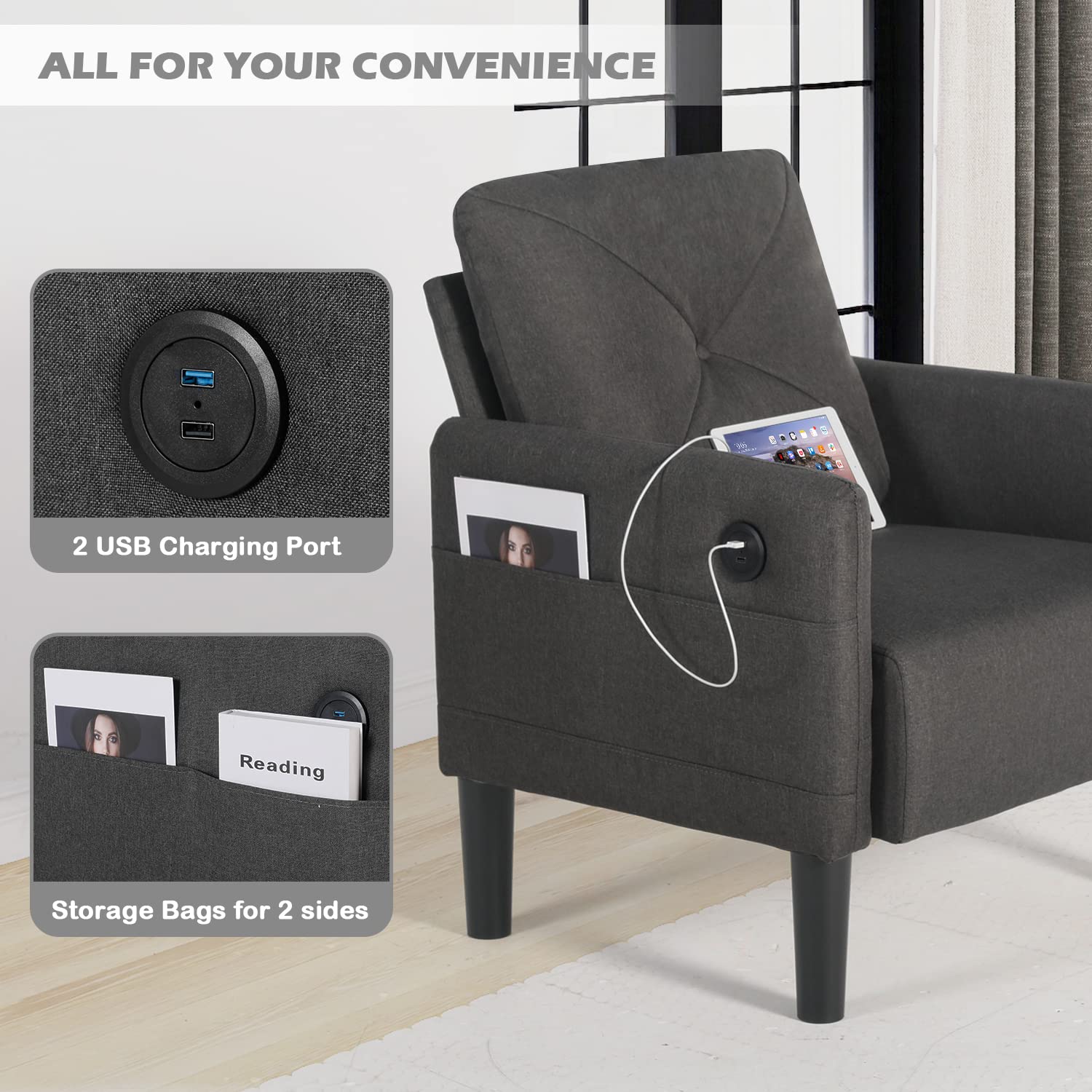 YIGOBUY 2-Piece Linen Fabric Accent Chair Set with USB Charging Ports - Comfy Armchair for Living Room, Bedroom, Office & Reading - Modern Single Sofa Chair for Home Decor & Relaxation - Perfect for Small Spaces, Apartments & Cozy Corners