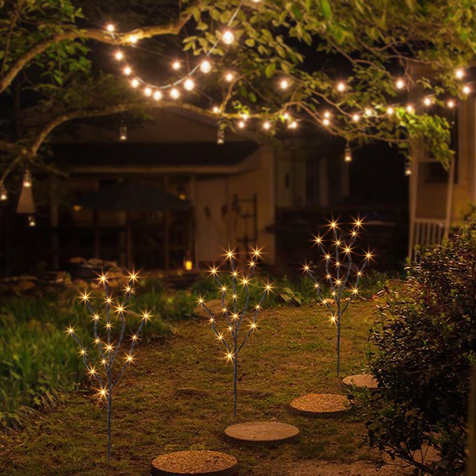 PEIDUO 30Inch 3PK 60 LED Willow Branch Lights with Timer - Waterproof Outdoor Pathway Lights & Indoor Decorative Stake Lights for Lawn, Garden, Patio, Wedding, Party Decorations