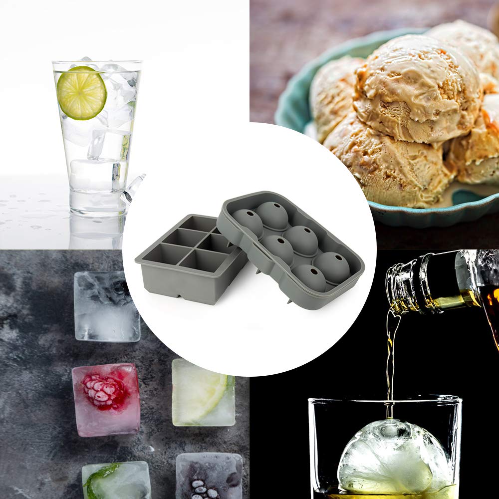 Premium Silicone Ice Cube Trays Set of 2 - Large Square & Sphere Ice Ball Molds with Lids for Whiskey, Cocktails, Brandy - Perfect for Home Bars, Parties & Gifts (Grey)