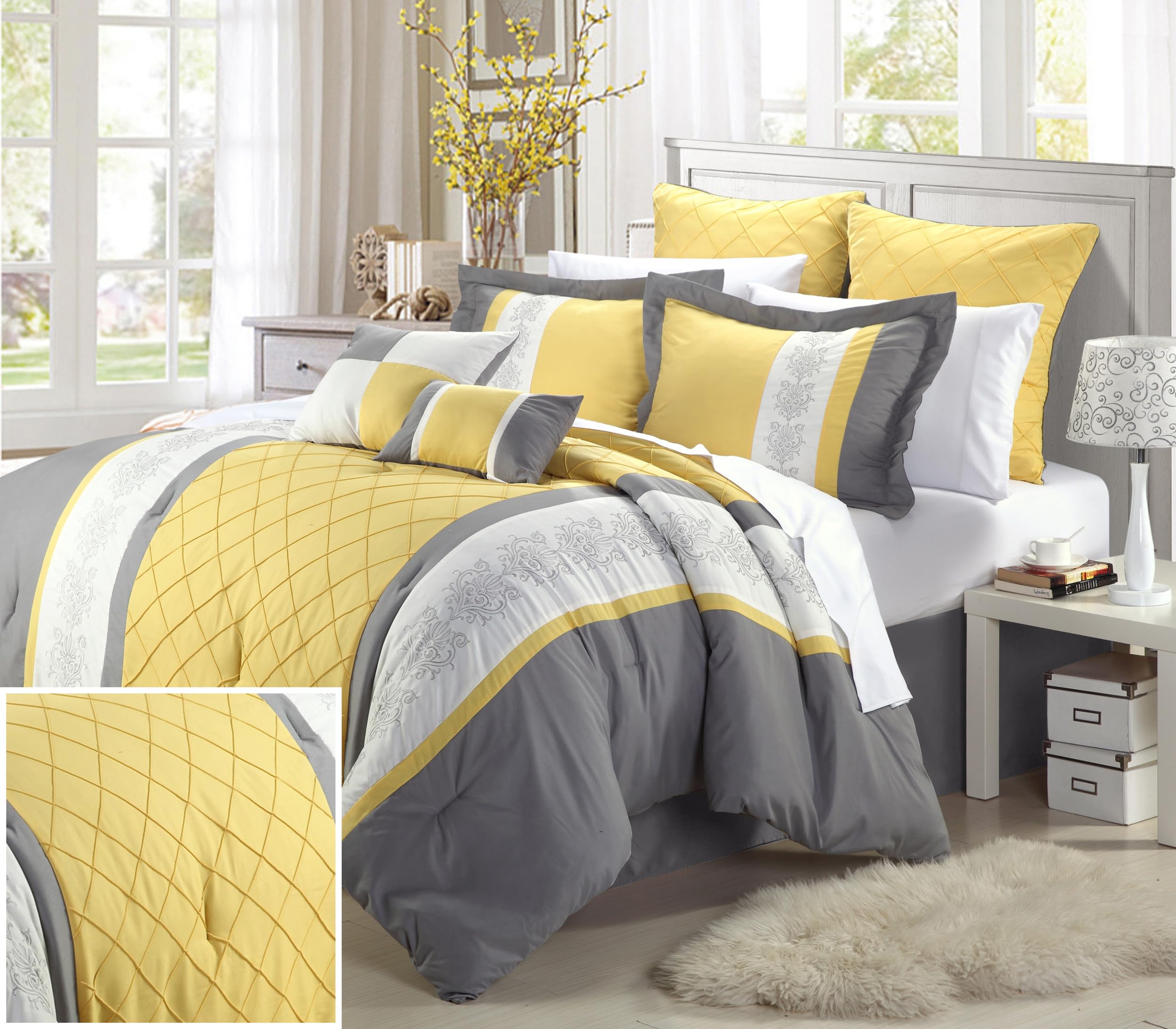 Chic Home 8-Piece Embroidery Comforter Set King Size - Livingston Yellow Luxury Bedding Collection | Perfect for Master Bedroom, Guest Room & Hotel Decor