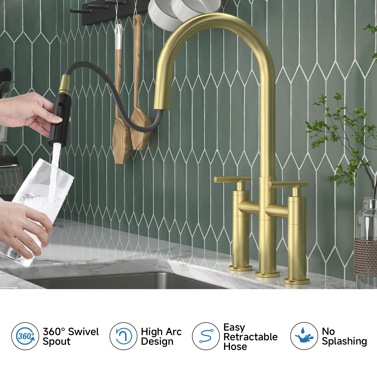 ARRISEA Brushed Gold Bridge Kitchen Faucet - 3 Hole, Pull Down Sprayer for Farmhouse Sinks