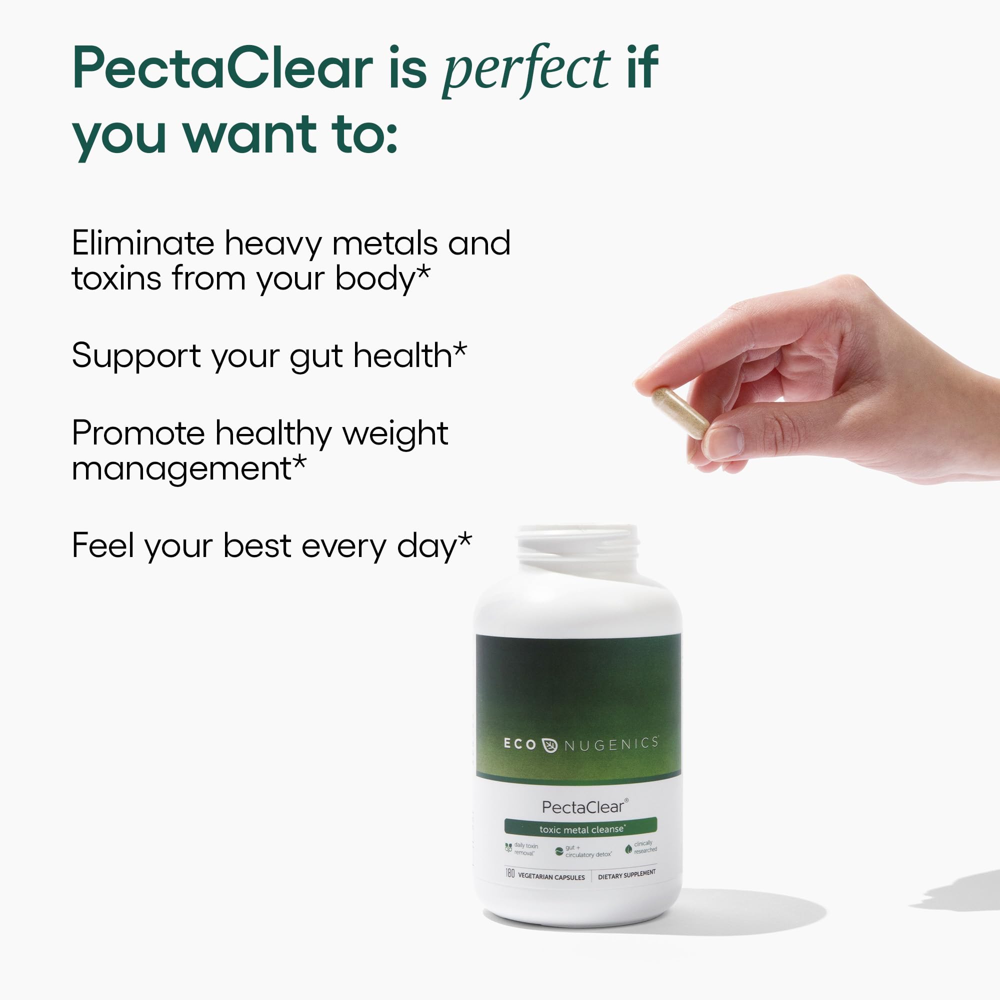 EcoNugenics PectaClear Detox Supplement for Heavy Metal Cleansing – Natural Liver & Kidney Support with Gut Repair – Boosts Energy, Weight Management & Hormone Balance – 180 Capsules for Daily Wellness & Detox Routine