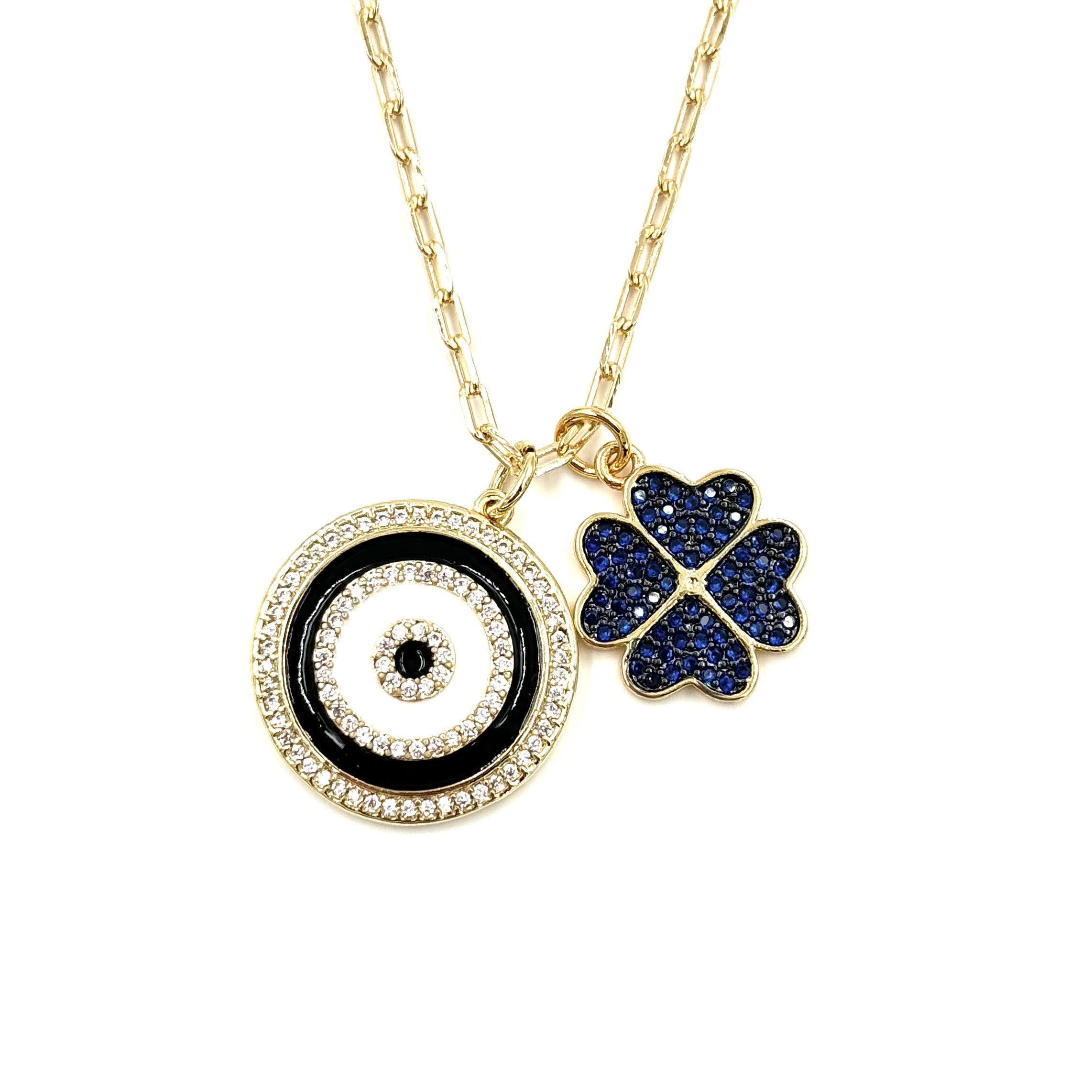 Ashley Gold Stainless Steel Evil Eye & 4 Leaf Clover Necklace - 18K Gold Plated CZ & Enamel Charm Pendant | Perfect for Protection, Luck & Everyday Jewelry