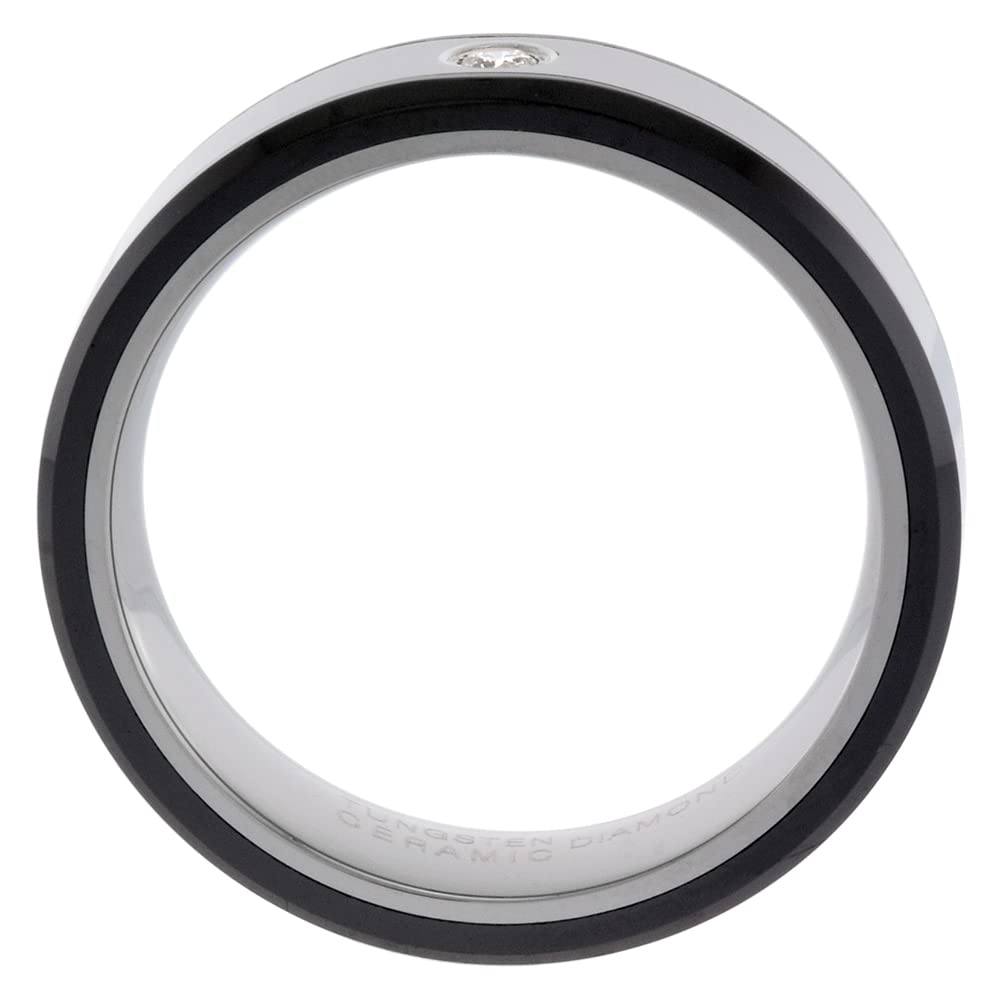 Sabrina Silver 2-Ring Set 6mm & 8mm Tungsten Diamond Wedding Band for Him & Her - Black Ceramic Beveled Edges, Comfort Fit Sizes 5-13 - Perfect for Anniversaries, Engagements and Couple Jewelry Gifts