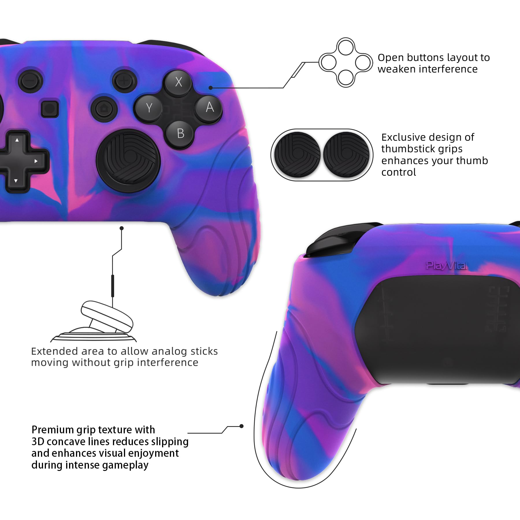 PlayVital Samurai Edition Ergonomic Silicone Grip Case for Nintendo Switch Pro Controller - Soft Anti-Slip Protective Cover with Thumb Grips (Pink, Purple, Blue) | Perfect for Gaming, Travel & Long Play Sessions