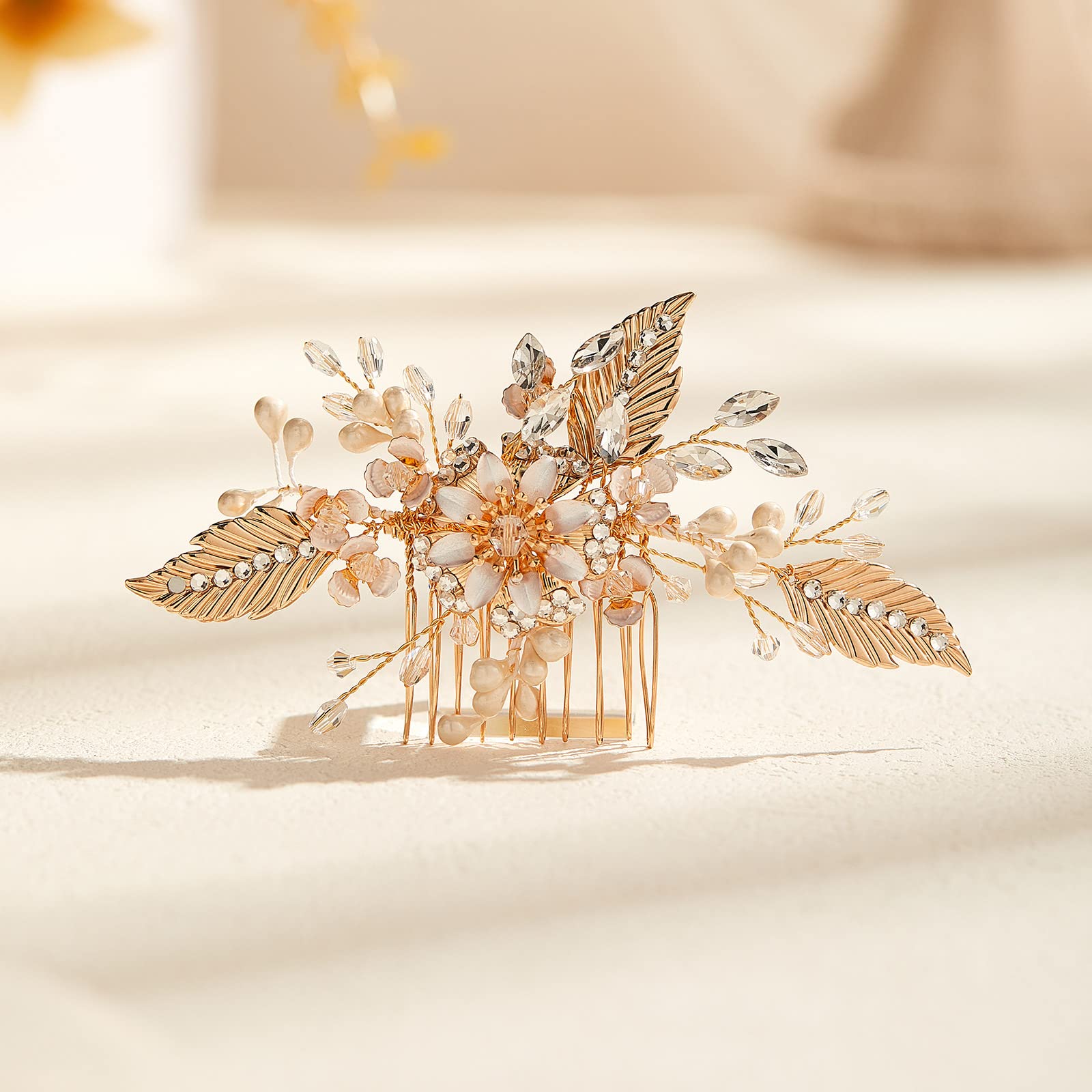AW BRIDAL Wedding Hair Comb - Crystal Pearl Rhinestone Bridal Hair Clip for Brides & Bridesmaids | Gold Floral Hair Accessories for Weddings, Prom & Special Occasions